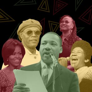 A collage features five people, each uniquely colored, against a black background with abstract triangle patterns.