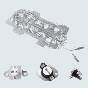 Coiled heating element lies flat; three thermostat components with connectors rest below; text on one thermostat reads: 