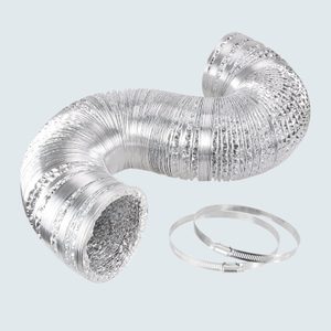Flexible aluminum duct coiled beside two circular metal clamps on a plain white background.