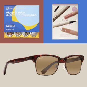 Tea set and makeup kit displayed side by side above tortoiseshell sunglasses on a plain background.