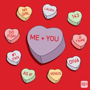 Candy hearts display words like 