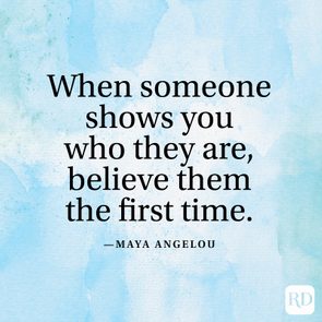 Quote by Maya Angelou is displayed, advising belief in people's self-representations, set against a watercolor blue background.