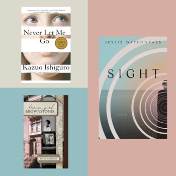 Three book covers displayed: "Never Let Me Go" eyes visible, "Sight" abstract circles, "Brownstones" features a brownstone house.