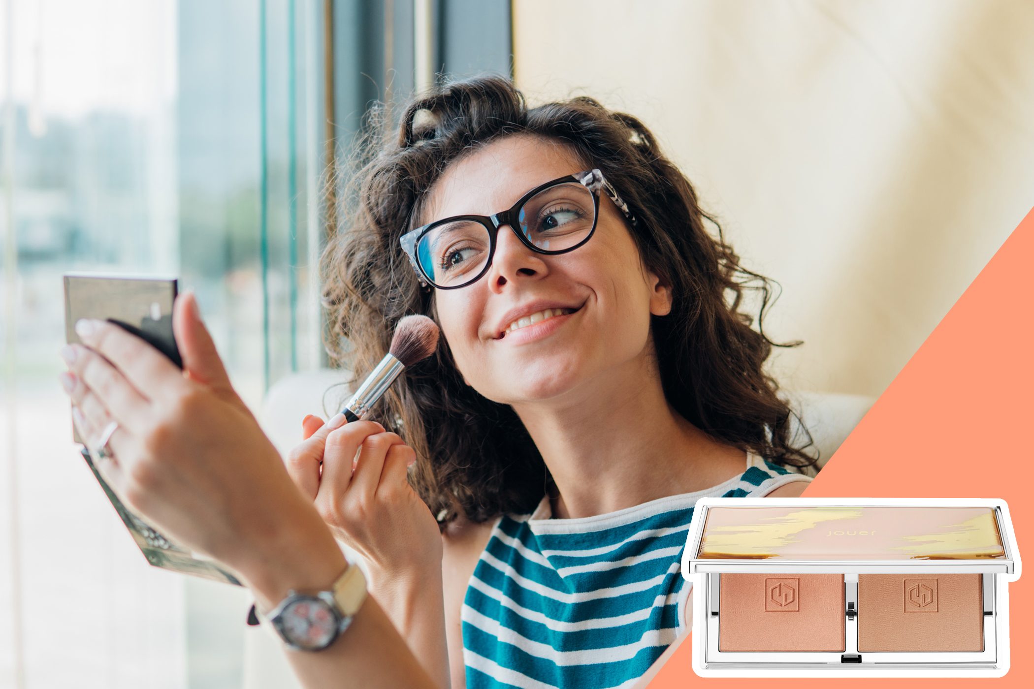 woman in glasses applying blush, with inset of blush