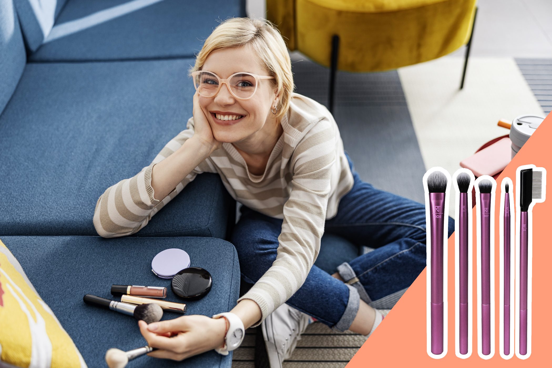 woman in glasses with make up and brushes