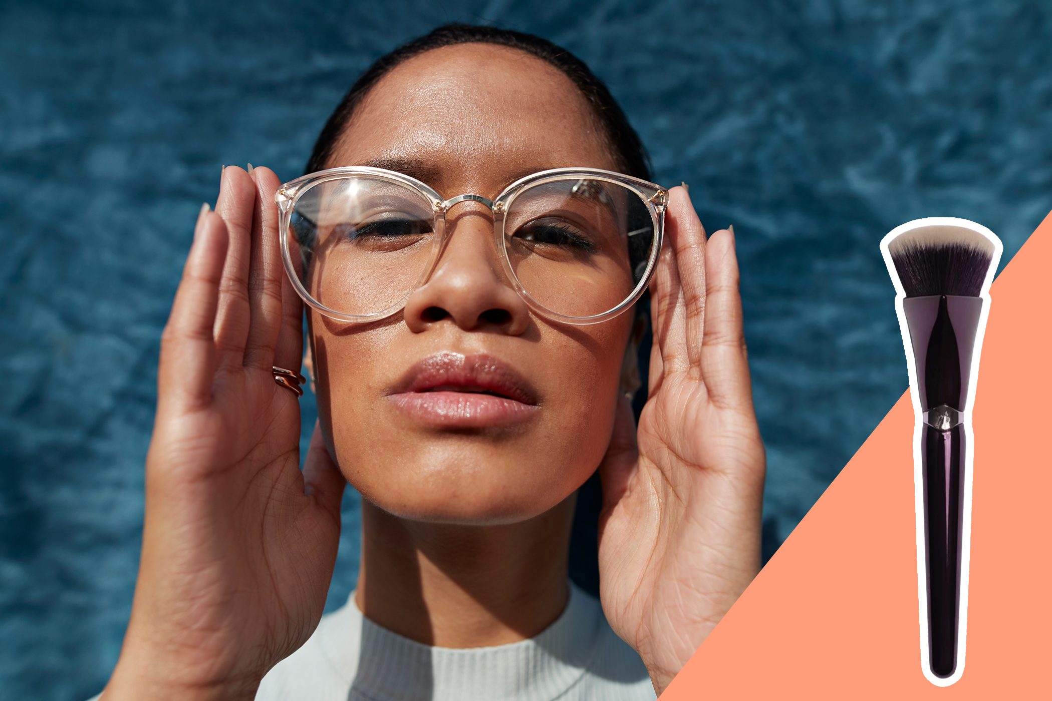 woman wearing glasses with inset of makeup brush