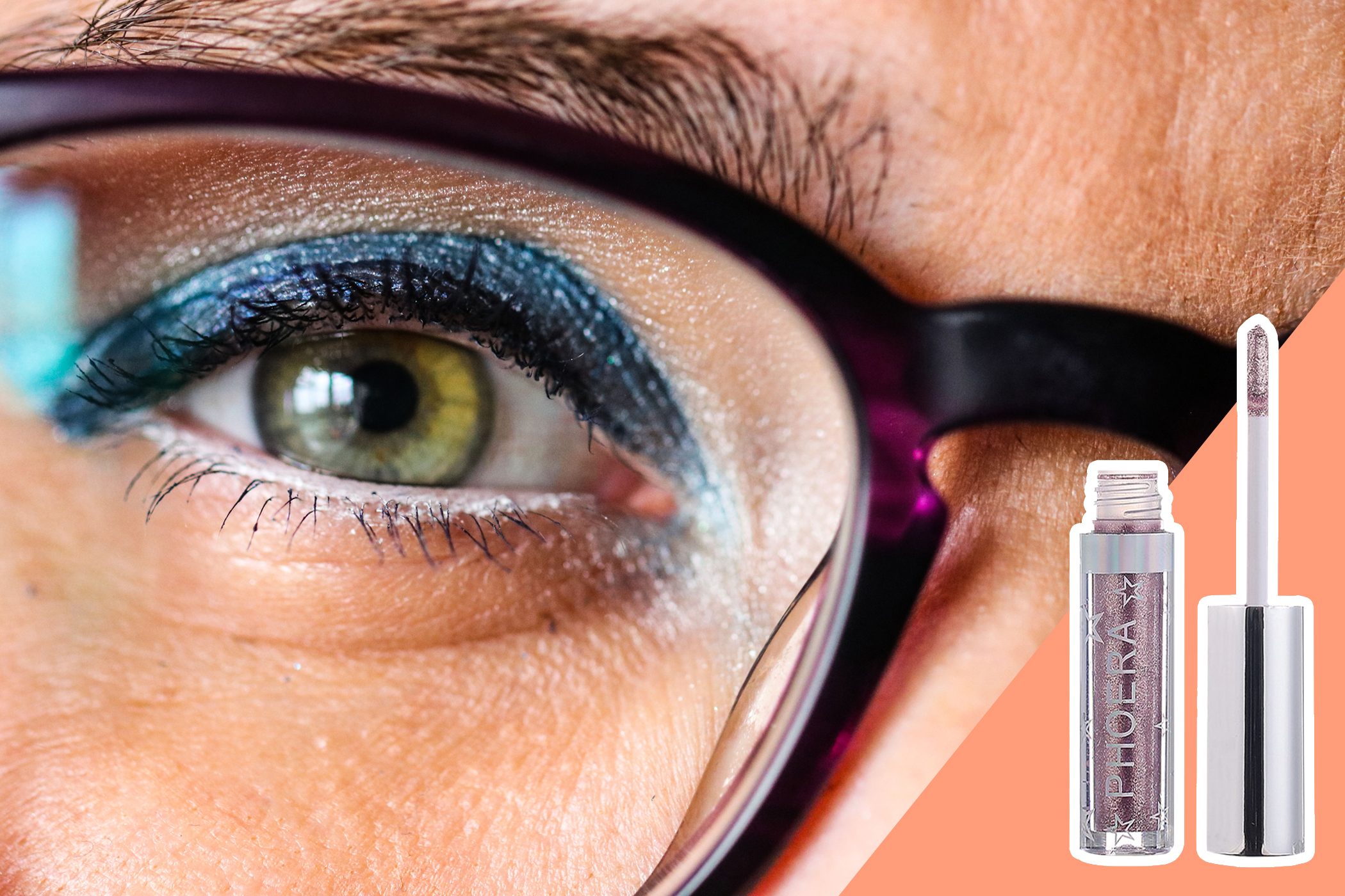 close up of sparkly eyeshadow on eye with glasses on. With inset of sparkle eyeshadow