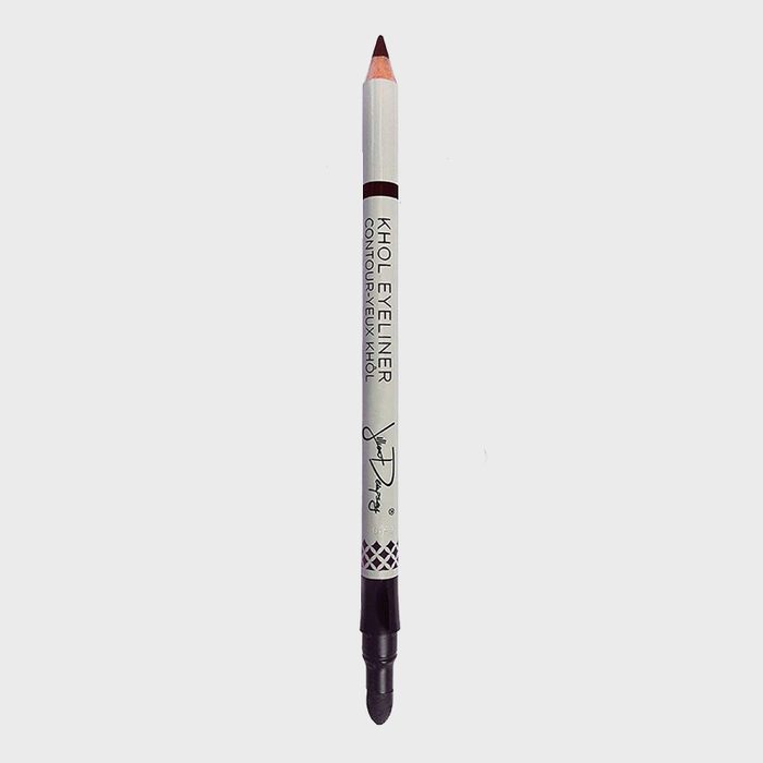 Eyeliner pencil with a pointed tip stands vertically. It features text: 