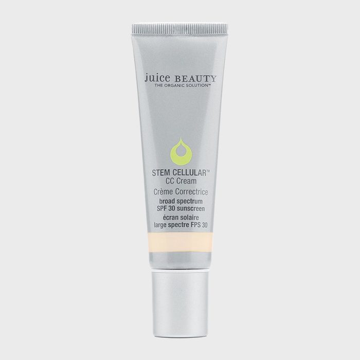 A gray tube of CC cream displayed upright, labeled with 