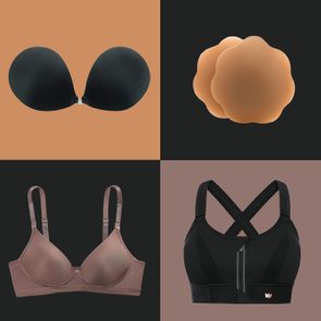 Adhesive bras and pasties displayed on a color-blocked background beside a T-shirt bra and a sports bra.