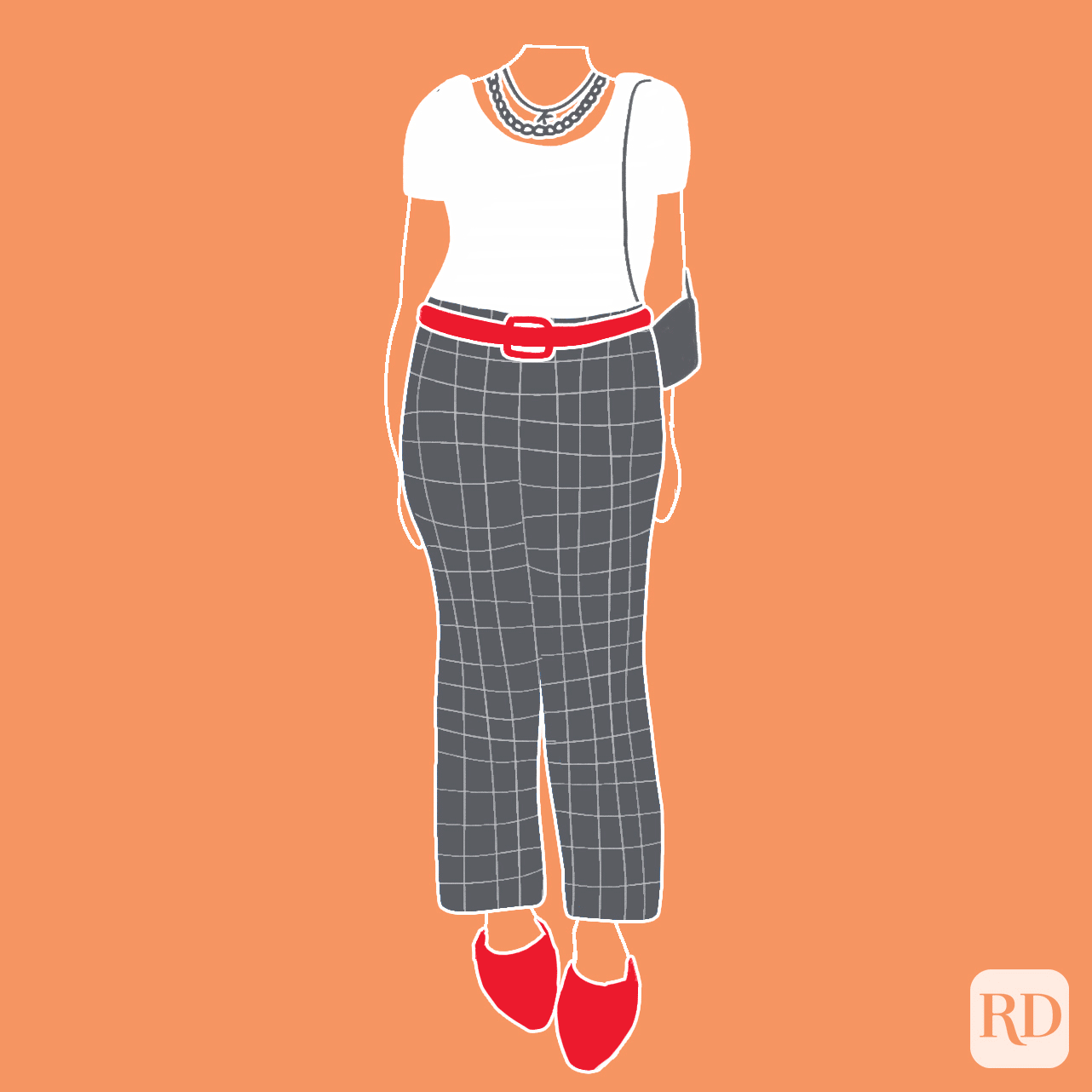Illustration of a headless figure wearing a white shirt, gray plaid pants, red shoes and belt, against a solid orange background.