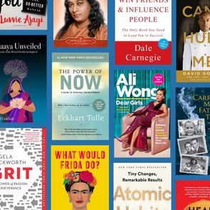 Book covers displayed together form a grid, showcasing various titles and authors in a blue backdrop. Notable titles include 