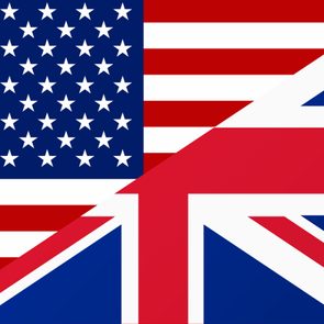 split screen of american flag and england flag