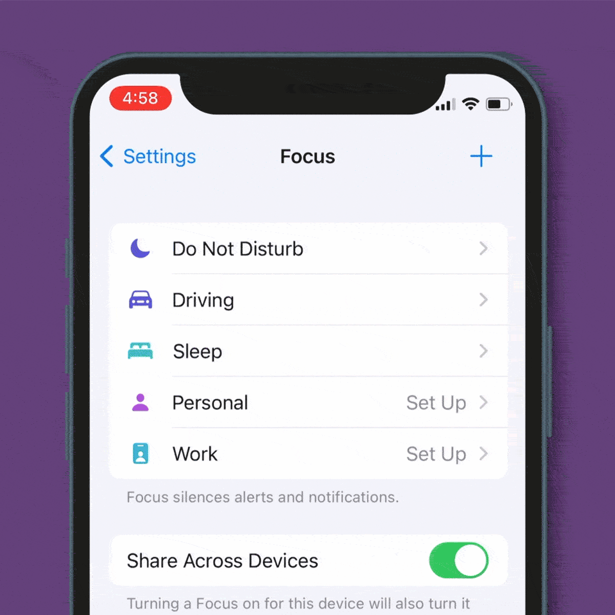 Smartphone screen shows focus settings toggling, including 