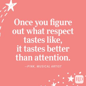 Text displays a quote about respect by P!nk, set on a pink background with star and dot illustrations.