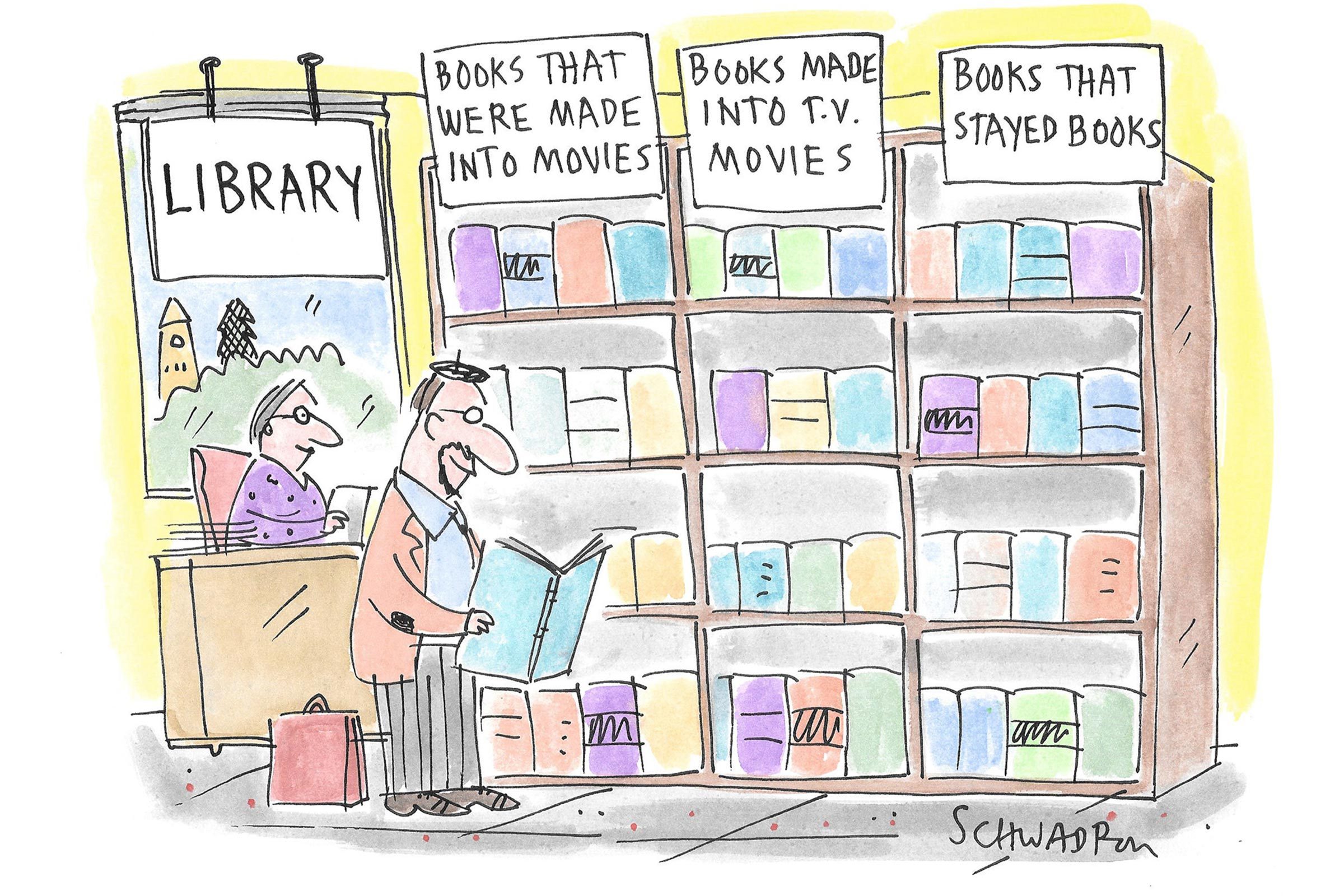 A man reads a book in a library with shelves labeled for movies, TV movies, and stayed books.