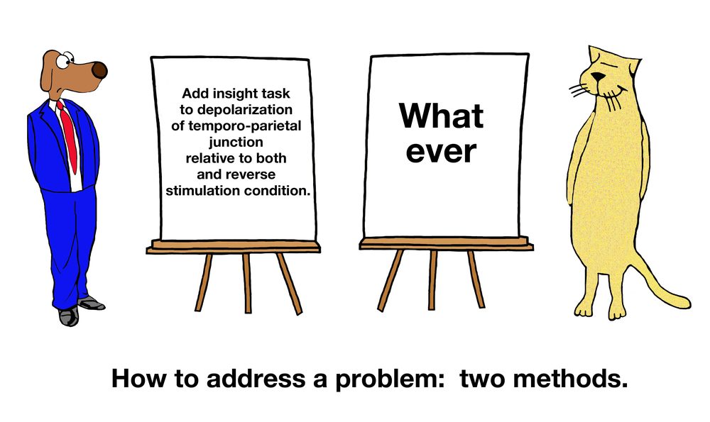 Dog and cat present different problem-solving methods on easels in a comedic setting. Text reads: "How to address a problem: two methods."