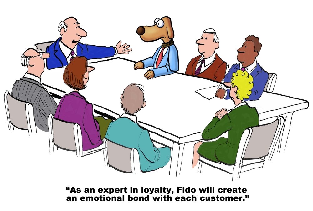 Dog wearing suit sits at a boardroom table with people, illustrating a meeting. Text reads: â€œAs an expert in loyalty, Fido will create an emotional bond with each customer.â€