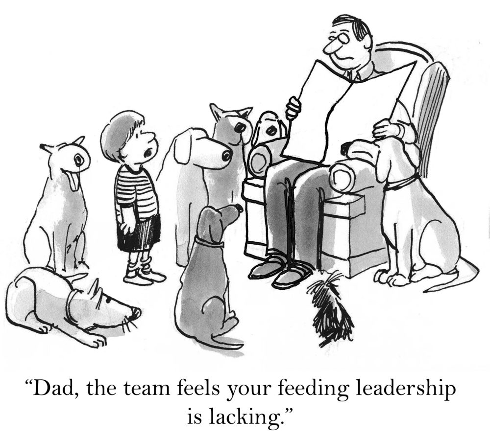 Man sits holding newspaper, surrounded by dogs and child; child comments on feeding leadership.