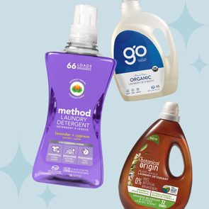 Three laundry detergent bottles displayed against a light blue background, featuring brands: Method, Go Organic, and Botanical Origin.