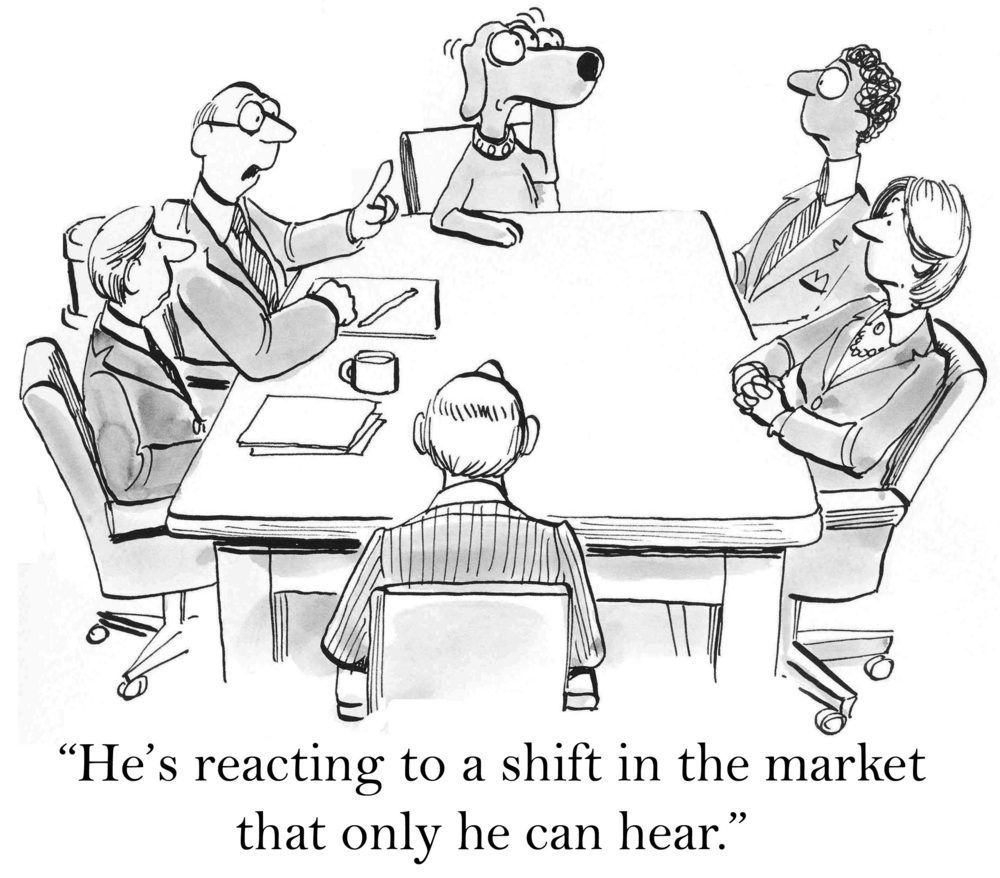 Dog sits at a conference table with people; text reads, â€œHeâ€™s reacting to a shift in the market that only he can hear.â€