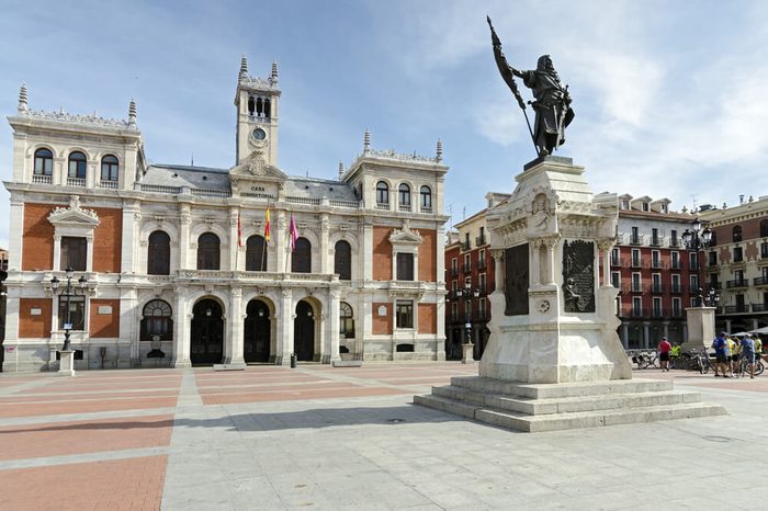Statue of Count Pedro Ansurez (1037-1118) opposite the town hall of the city of Valladolid, Spain