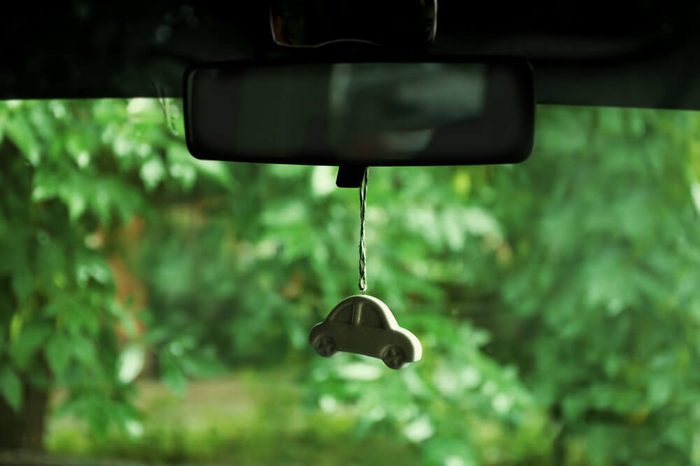 Air freshener hanging in the car on green natural background