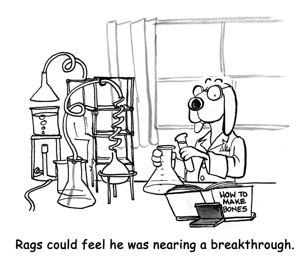 Dog wearing glasses mixes chemicals in a lab with book titled "How to Make Bones" nearby.