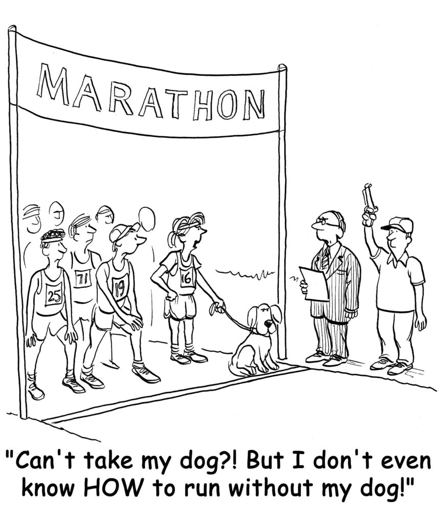 Runner stands with dog at starting line; official raises hand, amidst other runners under a "MARATHON" sign. Text: "Can't take my dog?! But I..."