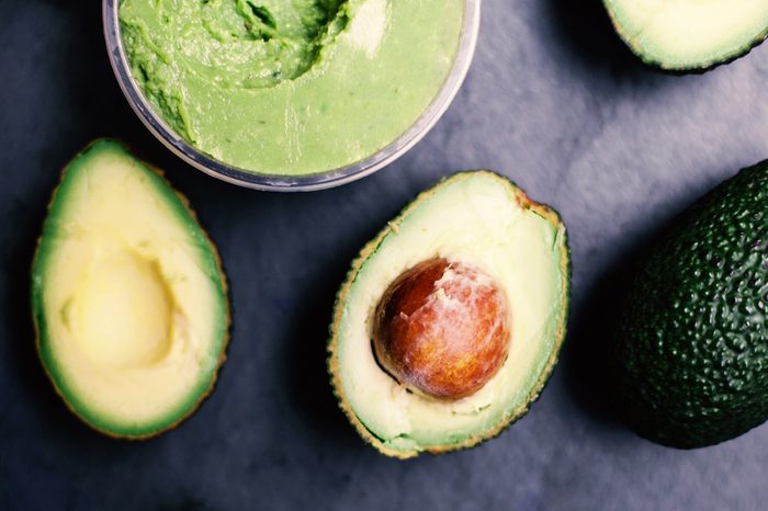 Halved avocados. Top view. spread. pasta. Guacamole