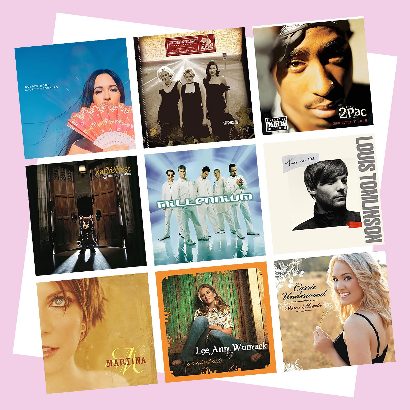 Nine album covers arranged in a 3x3 grid, featuring various artists and styles, each showcasing distinct imagery and designs related to music.