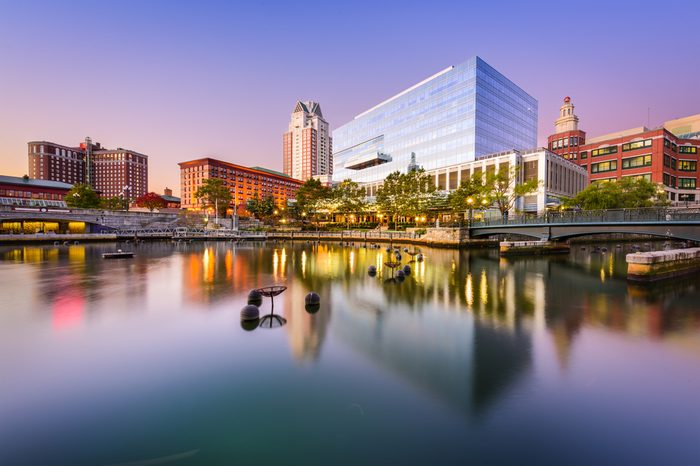 Providence, Rhode Island, USA skyline at Waterplace Park.