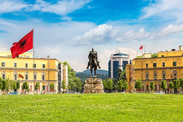 Skanderbeg square and Skanderbeg monument in Tirana in a beautiful summer day, Albania