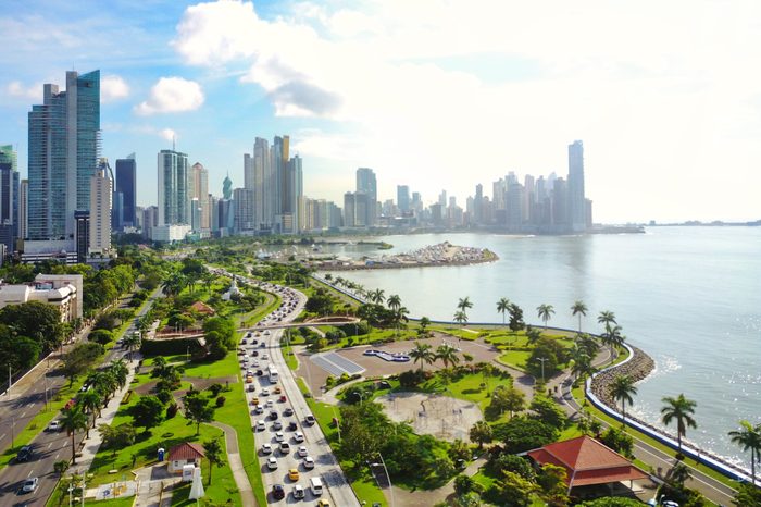 Aerial view of the modern skyline of Panama City , Panama