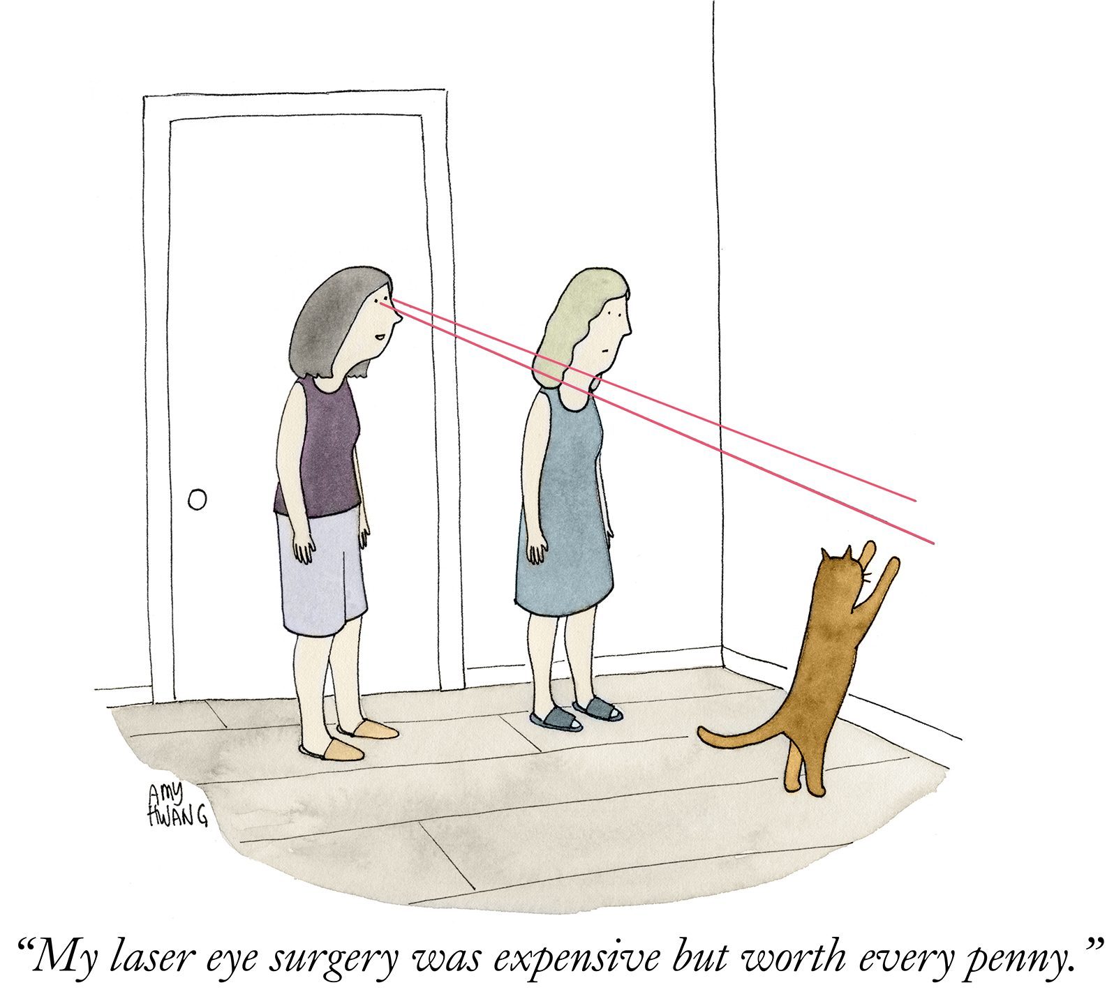 Woman emits laser beams from eyes, hitting her friend's head; a cat plays with the beams in a corner. Text reads, â€œMy laser eye surgery was expensive but worth every penny.â€
