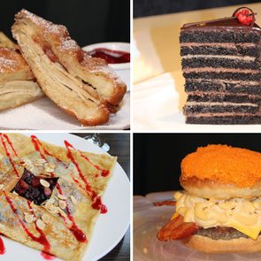 Varied dishes sit on plates: a sandwich with fries, a layered chocolate cake slice, a fruit-filled crepe, and a burger topped with macaroni.