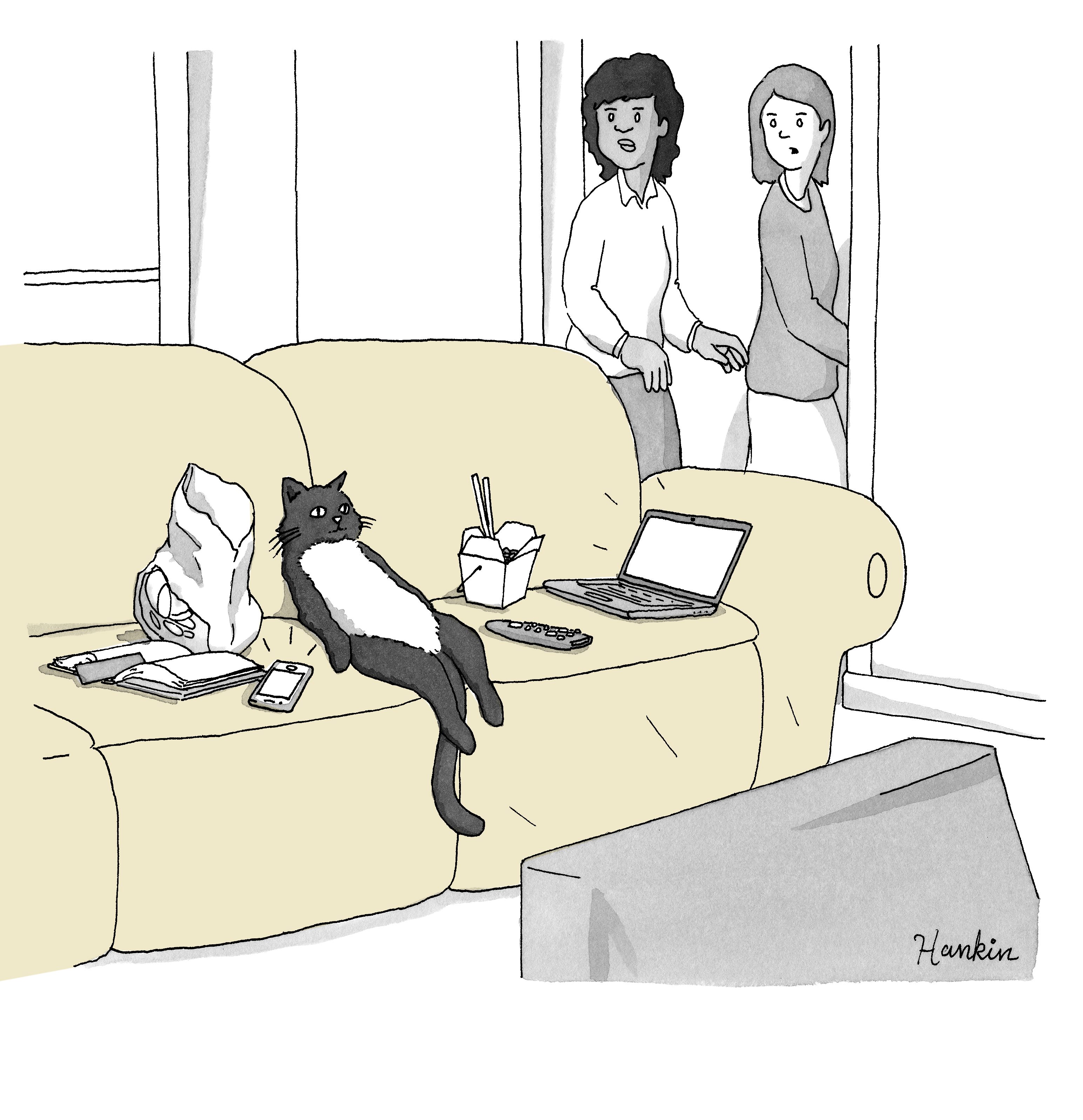 A cat lounges on a sofa, surrounded by food containers, notebook, phone, laptop, observed by two surprised people entering the room.