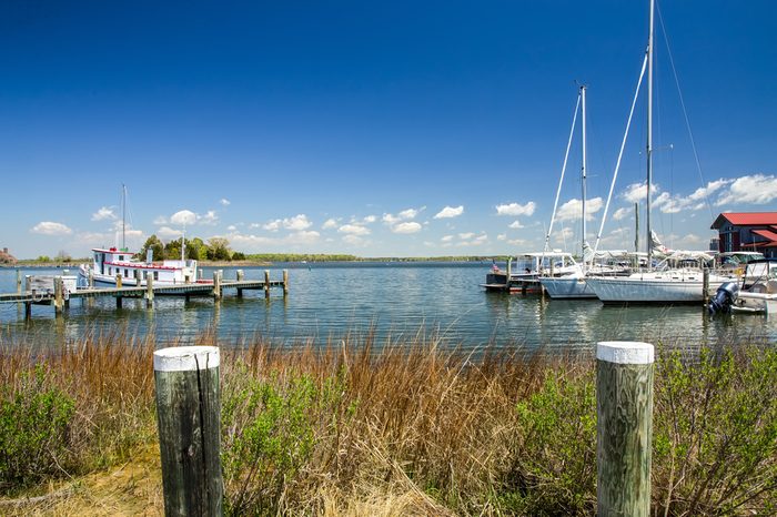A Beautiful Spring Day View across the harbor at St. Michael's Chesapeake Bay Maritime Museum in Maryland.
