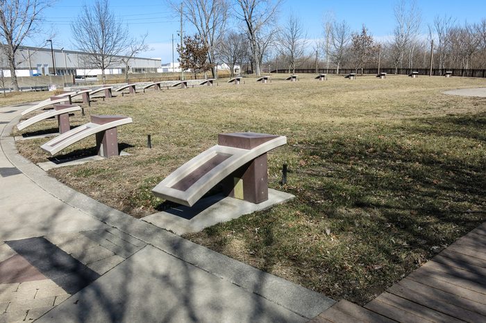 Native American tribal markers at Kaw Point park near Kansas City.