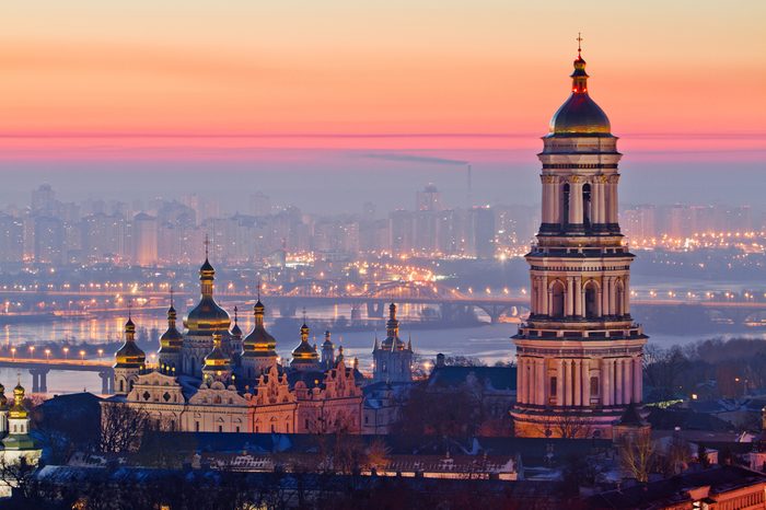 Aerial view at sunrise of the Kiev-Pechersk Lavra - one of the main symbol of Kiev, Ukraine
