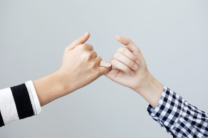 The gesture of the hands mean the promise