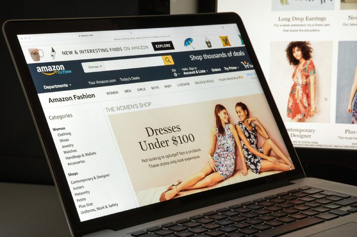 Milan, Italy - August 10, 2017: Amazon website homepage. It is an American electronic commerce and cloud computing company. Amazon.com logo visible.