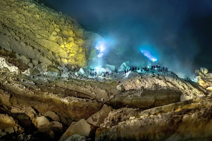 Blue fire of Mount Ijen , Blue Flame in Kawah Ijen volcano, Popular landmark in East Java,Indonesian.