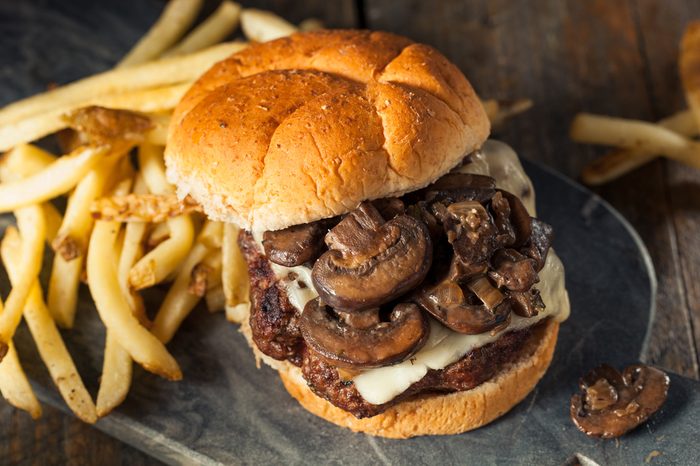 Homemade Grassfed Mushroom and Swiss Cheese Hamburger with Fries