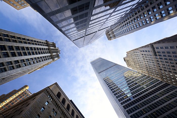 Looking up Lower Manhattan skyscrapers, New York City