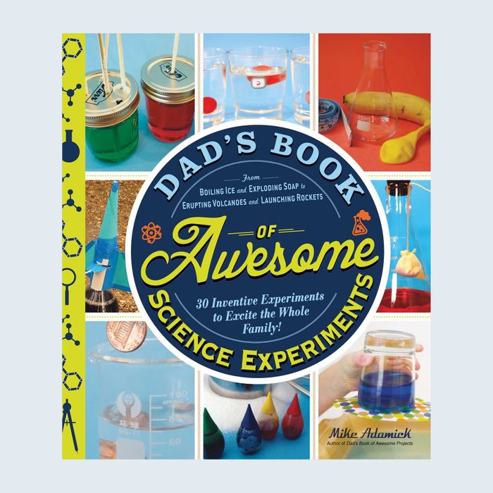 Book cover displaying science experiments, colorful liquids and tools. Text reads 