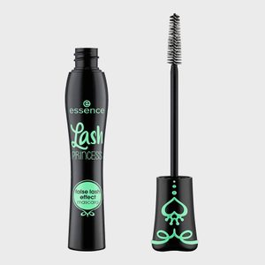 Mascara tube stands open, showing the brush. Label reads: 