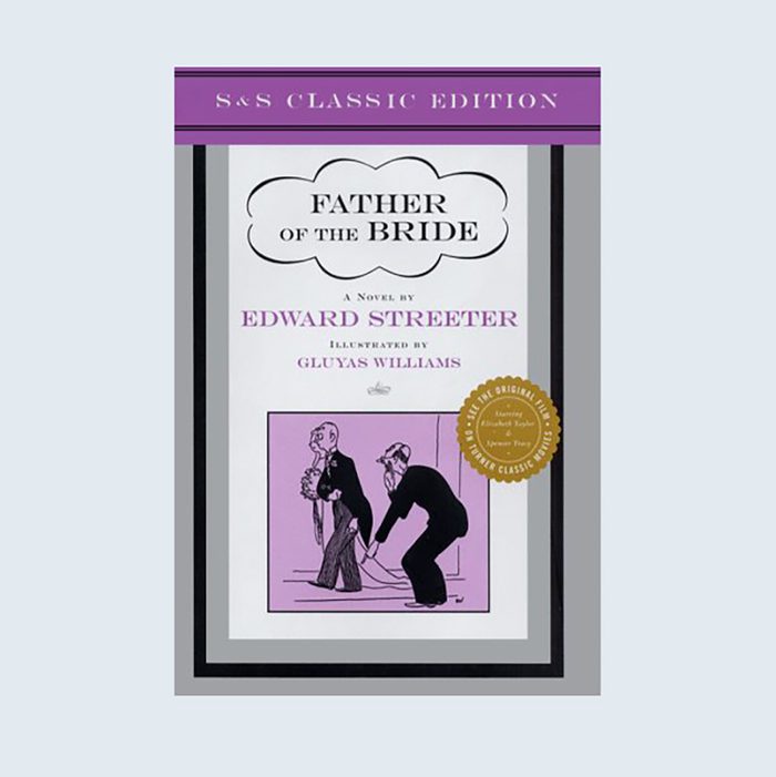 Book cover shows a man pulling another man's pant leg, both in suits, on a purple background. Text: 