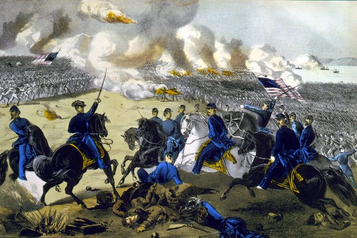 American Civil War 1861-1865: Battle of Pittsburgh Landing (Battle of Shiloh), Tennessee, 7 April 1862. General Ulysses Grant leading Union (Northern) forces against the Confederates Southern. Print by Currier & Ives, 1862.
