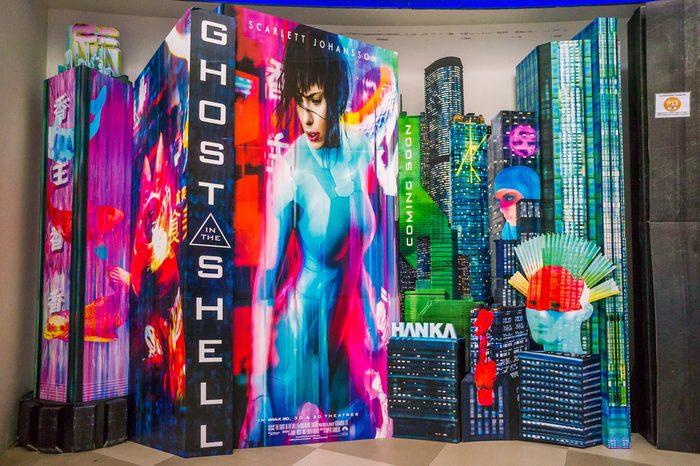 Ghost in the Shell movie poster. This movie is about a cyborg policewoman attempts to bring down a nefarious computer hacker.
